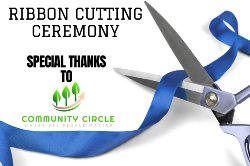 Ribbon Cutting Ceremony at HMS Basketball Courts with image of scissors cutting blue ribbon